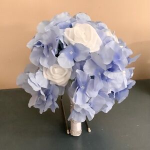 Periwinkle Hydrangea and white rose wedding bouquet